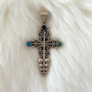 Carsi Sterling Silver Cross Pendant with amethyst and turquoise- Mexico